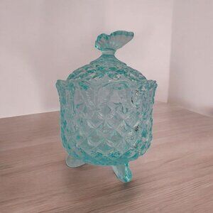 Aqua Blue Glass Trinket Jar with Butterfly Lid • Footed Candy Dish